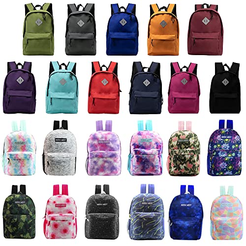 24 Pack of 17" Kids Basic Wholesale Backpack in Assorted Colors and Prints - Bulk Case of 24