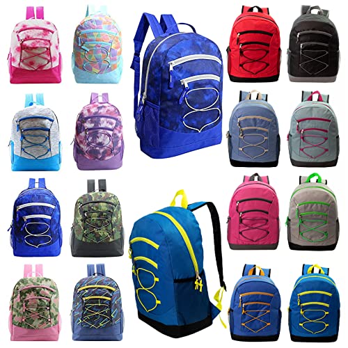 24 pack 17" Bungee Deluxe Wholesale Backpack in Assorted Colors - Bulk Case of 24