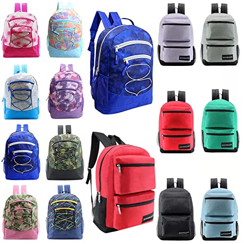 24 Pack of 17" Bungee and Deluxe Wholesale Backpack in Assorted Color and Prints - Bulk Case of 24