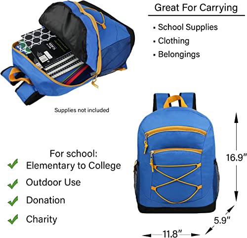 24 Pack of 17" Deluxe and Bungee Wholesale Backpack in Assorted Colors - Bulk Case of 24