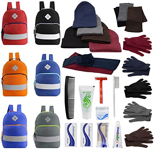 Bulk Case of 12 Backpacks and 12 Winter Item Sets and 12 Hygiene Kits - Wholesale Care Package - Emergencies, Homeless, Charity