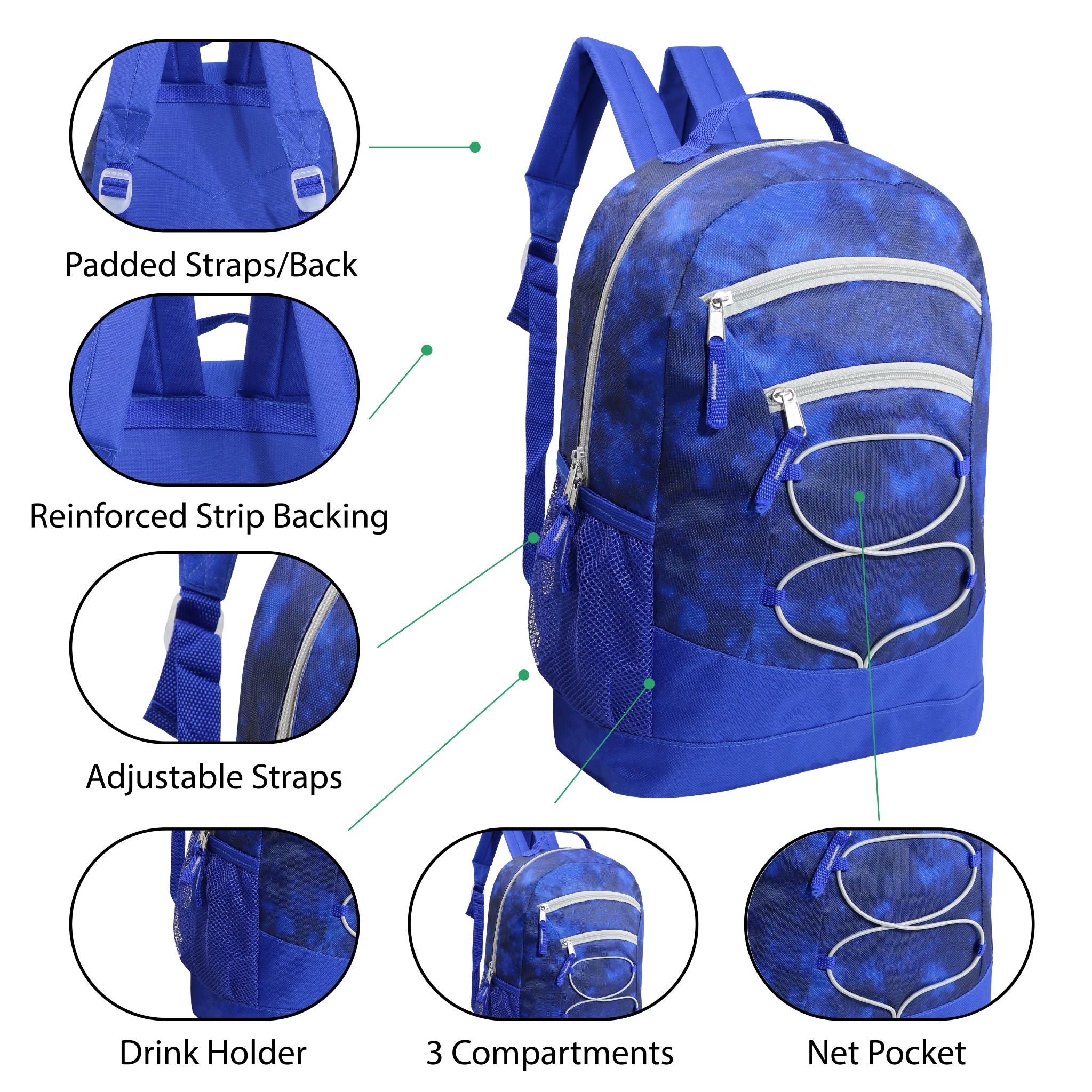 17" Bungee Wholesale Backpack In 8 Prints - Bulk Case Of 24 Backpacks