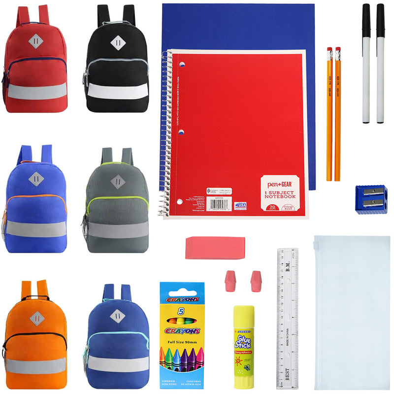 18 Piece Wholesale Basic School Supply Kit With 17" Backpack - Bulk Case of 6 Backpacks and Kits
