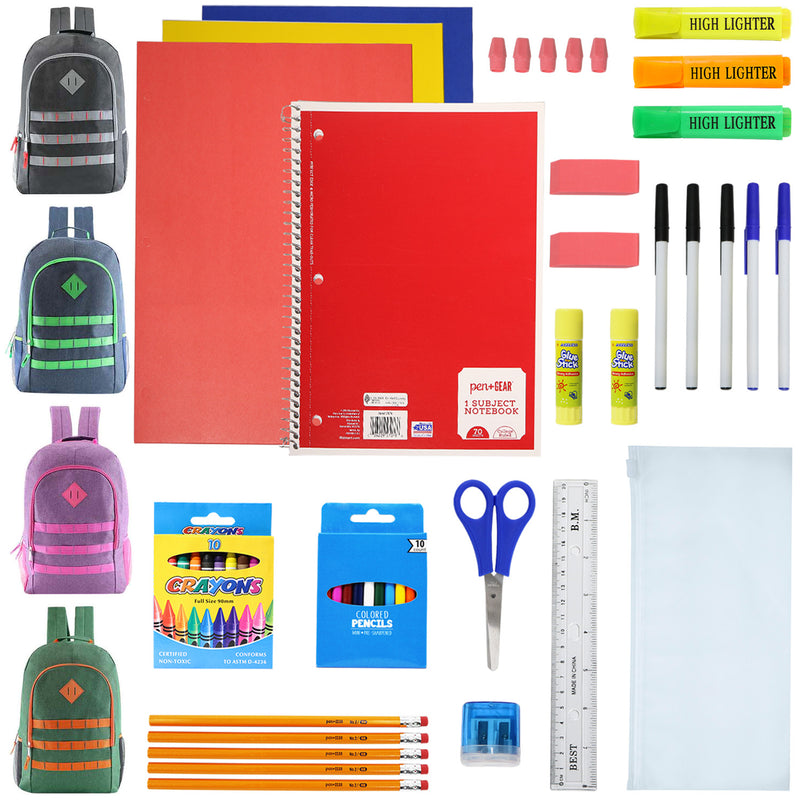 50 Piece Wholesale Basic School Supply Kit With 19" Backpack - Bulk Case of 12 Backpacks and Kits