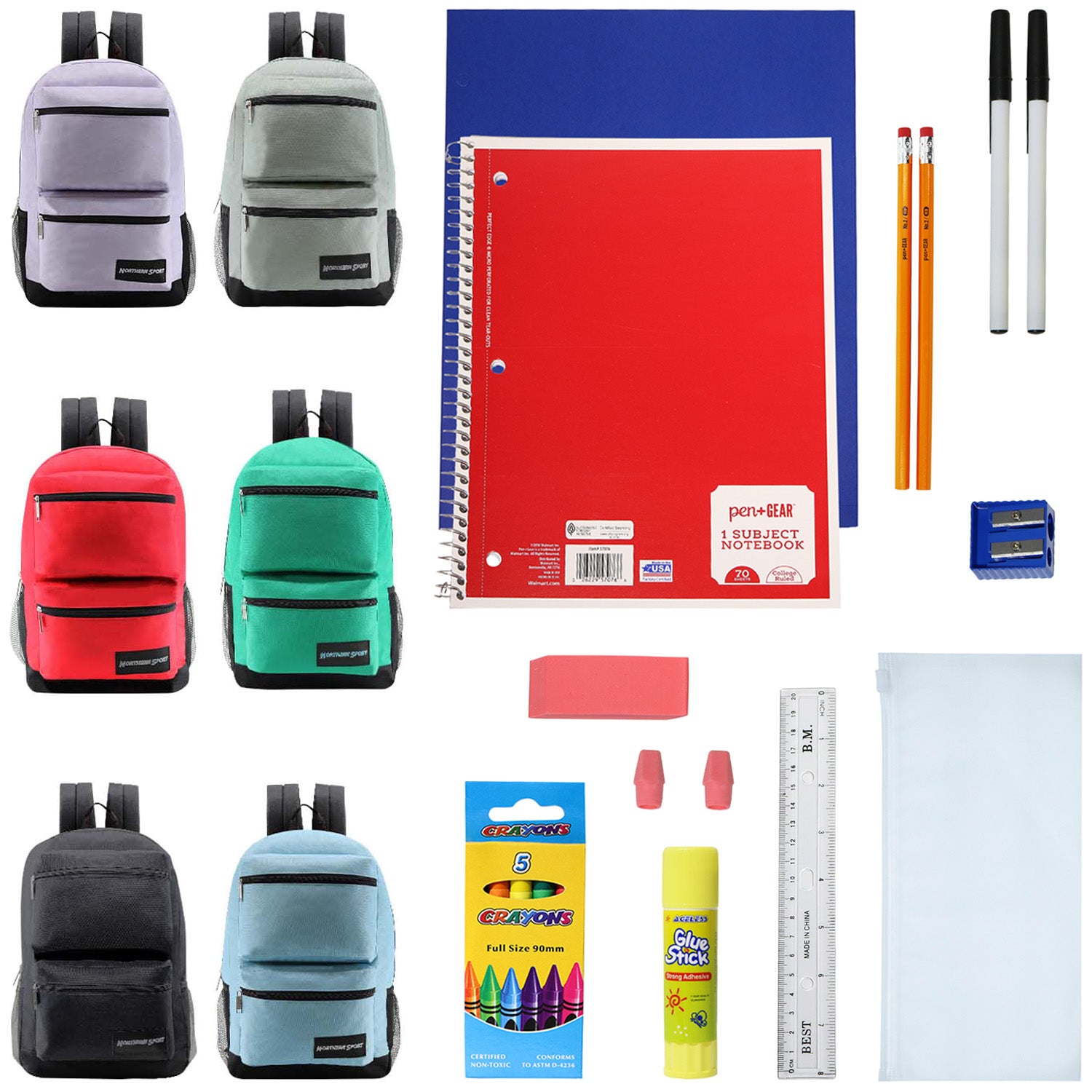 18 Piece Wholesale Basic School Supply Kit With 19" Backpack - Bulk Case of 6 Backpacks and Kits