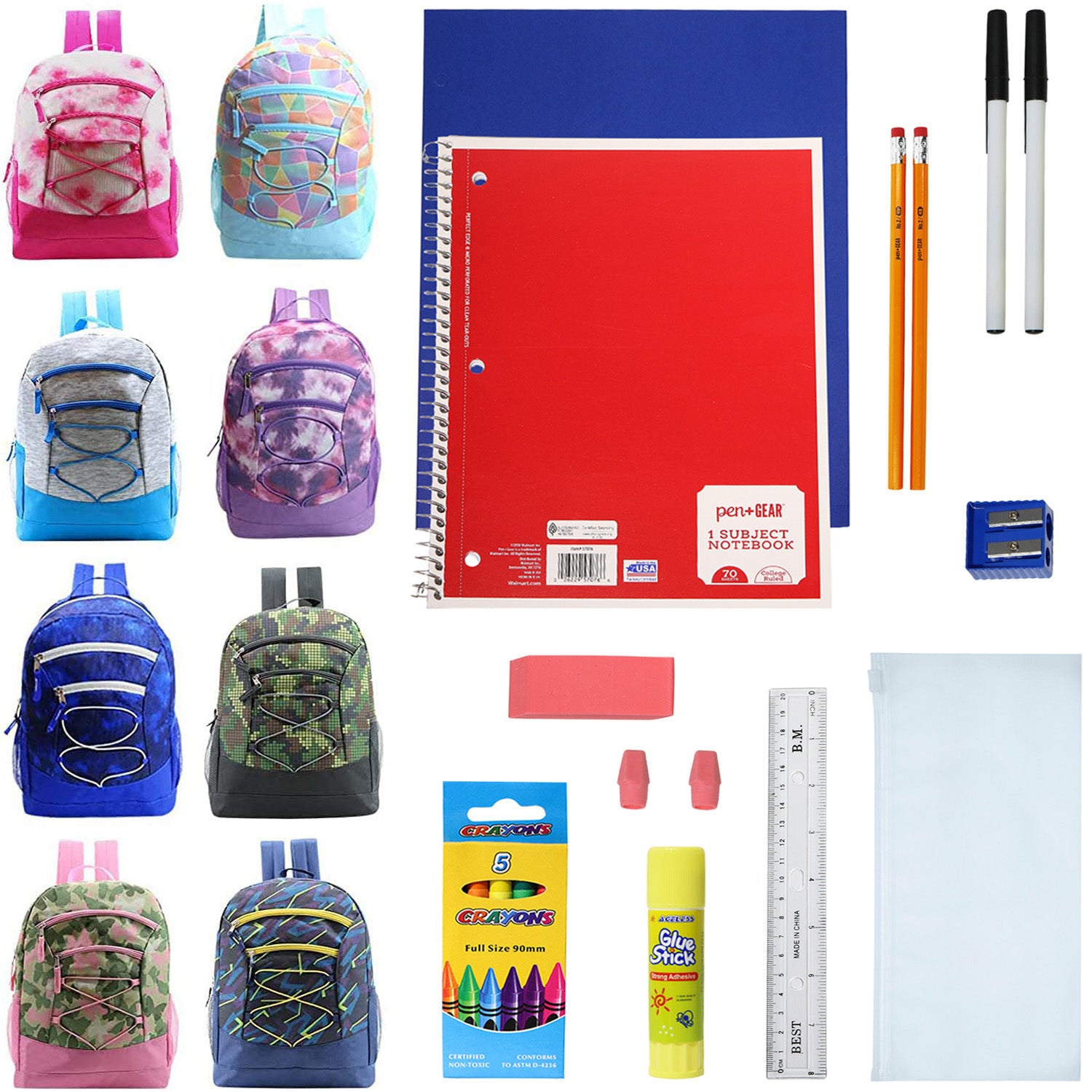 18 Piece Wholesale Bungee School Supply Kit With 17" Backpack - Bulk Case of 8 Backpacks and Kits