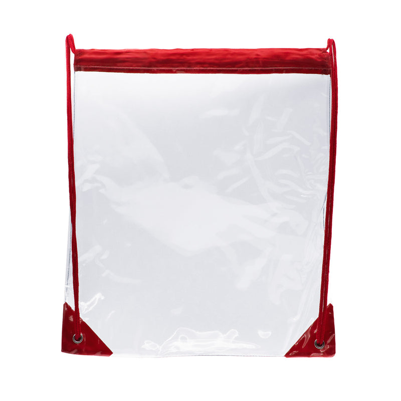 16" Drawstring Wholesale Backpack in Clear with Red - Bulk Case of 100