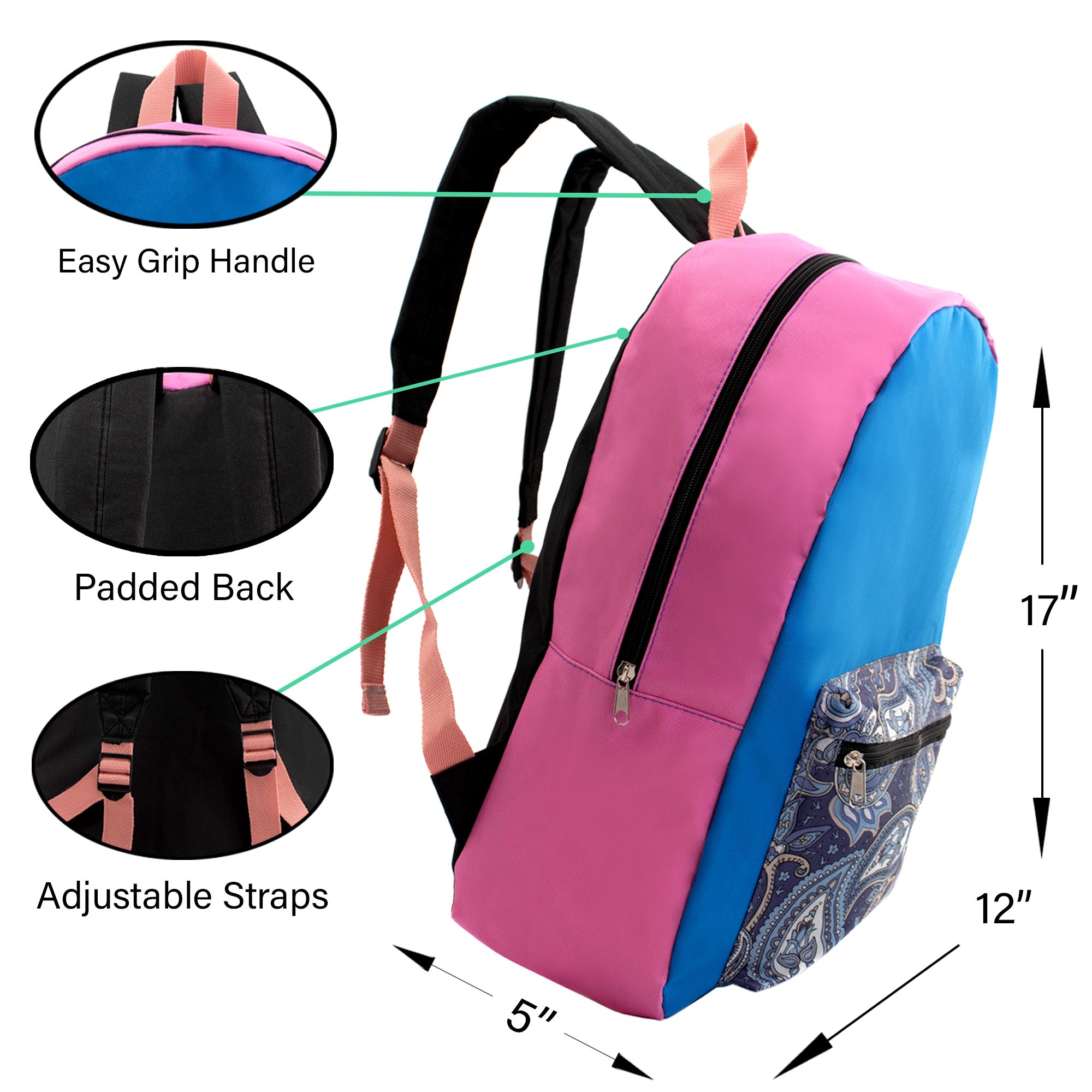 17" Kids Basic Wholesale Backpack in Randomly Assorted Solid Colors with Prints - Bulk Case of 24