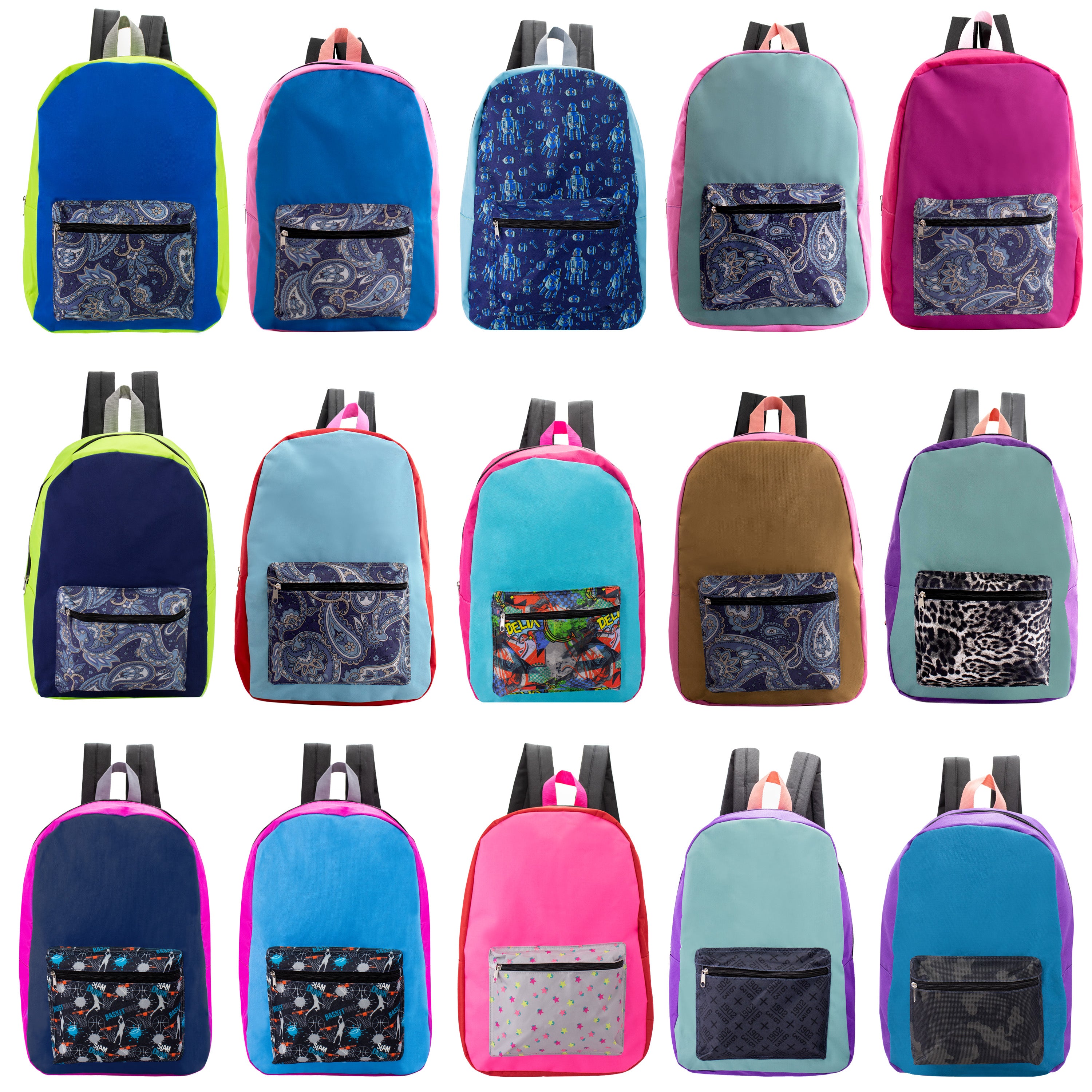 17" Kids Basic Wholesale Backpack in Randomly Assorted Solid Colors with Prints - Bulk Case of 24