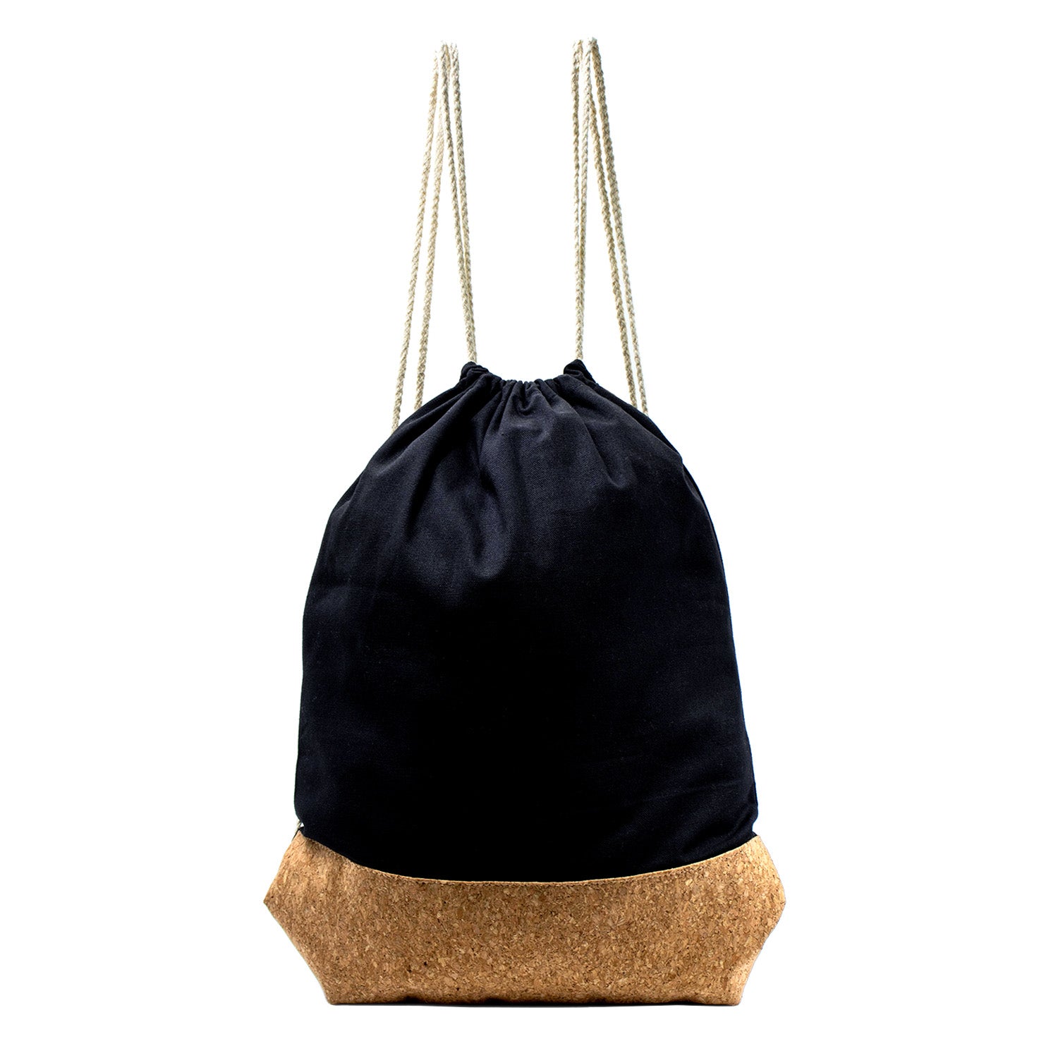 16" Drawstring Wholesale Backpack in Black with Cork - Bulk Case of 100