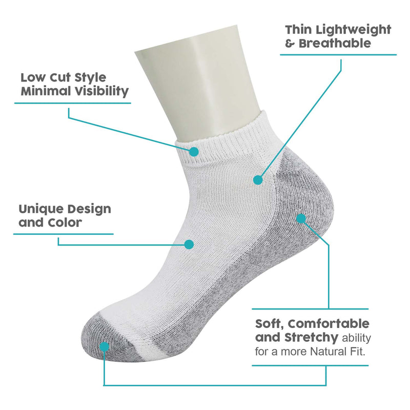 180 Pairs - Low Cut Bulk Socks Athletic Size 10-13 in White with Grey - Wholesale Case of 180 Mens Socks