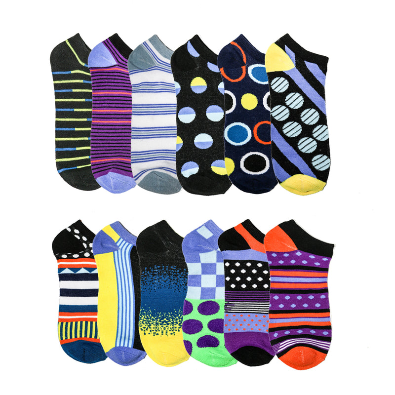 Men's No Show Wholesale Sock, Size 10-13 in Assorted Prints - Bulk Case of 96 Pairs