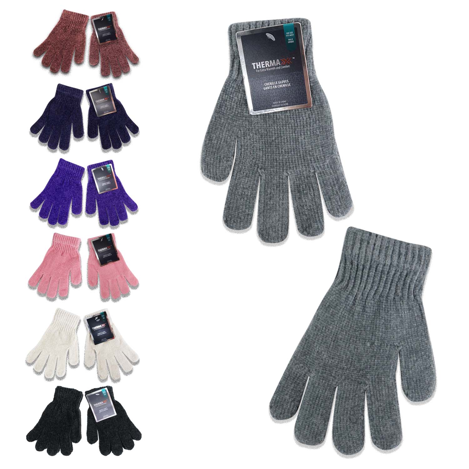 Wholesale Winter Unisex Chenille Gloves- One Size Fits Most in 7 Assorted Colors- Bulk Case of 96