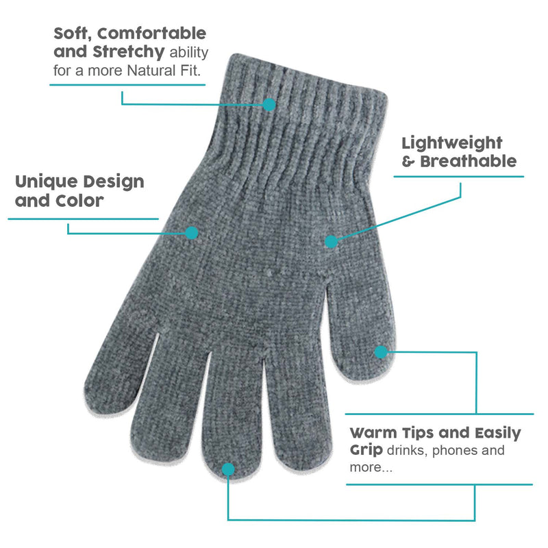 Wholesale Winter Unisex Chenille Gloves- One Size Fits Most in 7 Assorted Colors- Bulk Case of 96