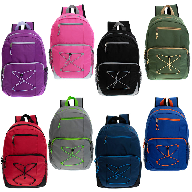 17" Bungee Wholesale Backpack in 8 Assorted Colors - Bulk Case of 24